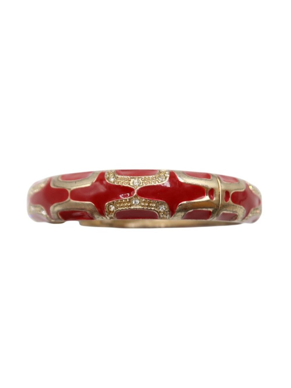 Red Enamel Gold Tone Rhinestone Clamper Cuff Bracelet Unsigned Metal